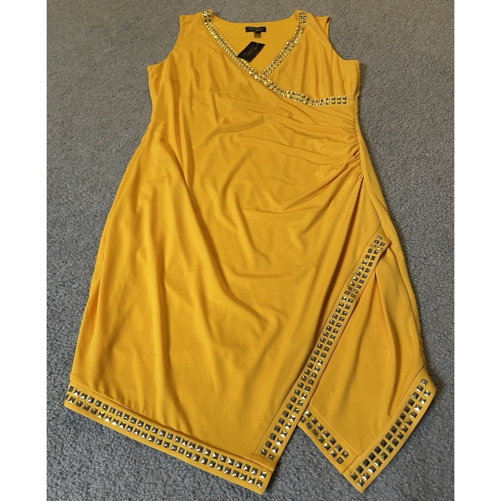 Thalia Sodi Studded Faux Wrap Dress L Yellow Gold Side Ruched  Slanted Hem Party - Picture 5 of 16
